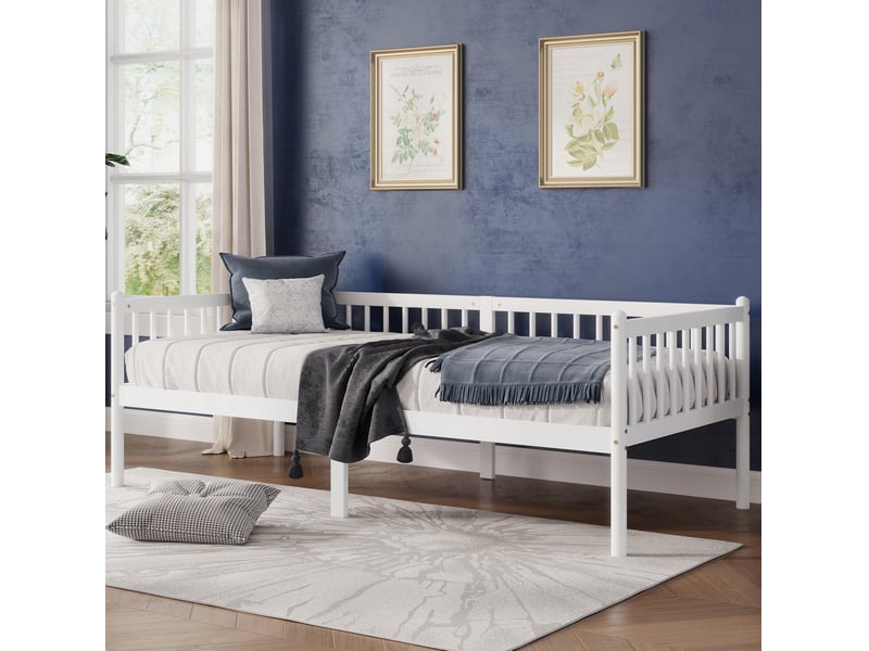  Lit canapé 90x200 cm, 6 pieds, sommier 14 lattes, 3 côtés barrières, rangement sous le lit, bois et contreplaqué, sans matelas  - Conforama D