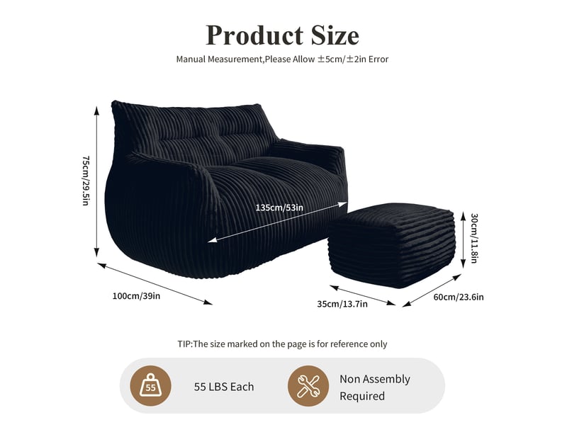  Fauteuil pouf modenvie avec repose-pieds noir 135 x 100 x 75 cm  - Conforama C
