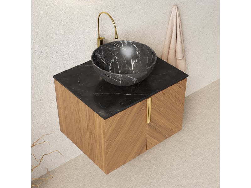 Meuble sous vasque à deux portes avec fermeture amortie - lpospi - pierre frittée, vasque céramique, chêne brun noir  - Conforama E