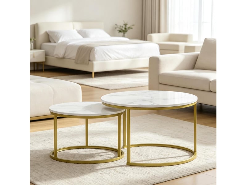  Lot de 2 tables basses rondes gigognes, effet marbre blanc et structure dorée  - Conforama C