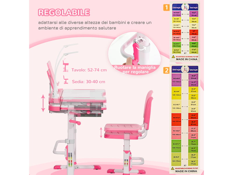  Bureau enfant pour les 6-12 ans avec chaise réglable en hauteur, tiroir, lampe et plateau inclinable, rose  - Conforama E