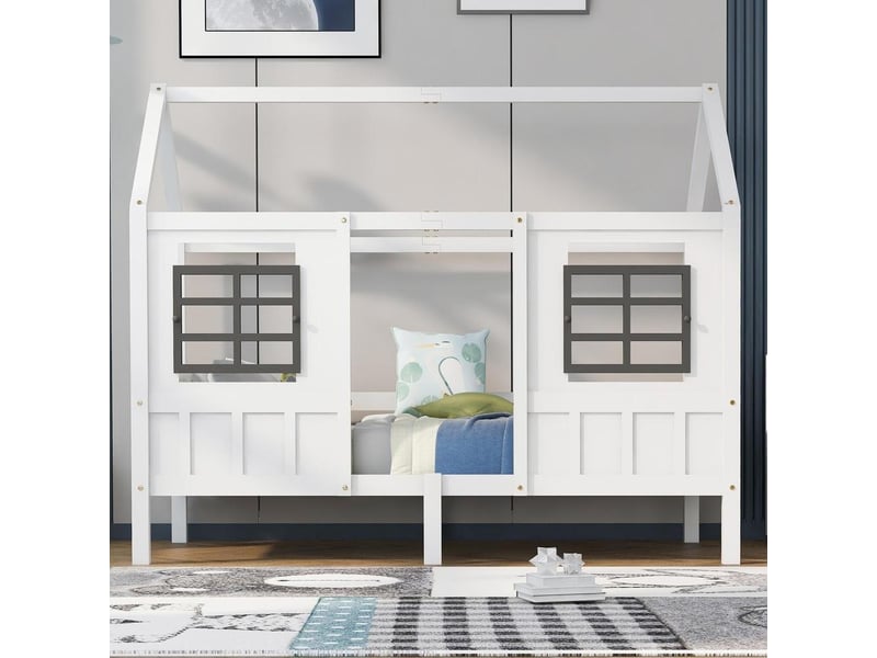  Lit cabane enfant avec fenêtres de sécurité, lit simple en pin et mdf, 90 x 200 cm, blanc  - Conforama B