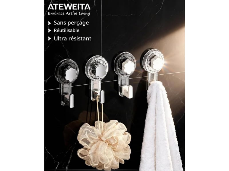  Crochet ventouse salle de bain (clear+silver, ) |  crochet mural sxtra forte suction hooks pour douche cuisine torchon toilette  - Conforama C