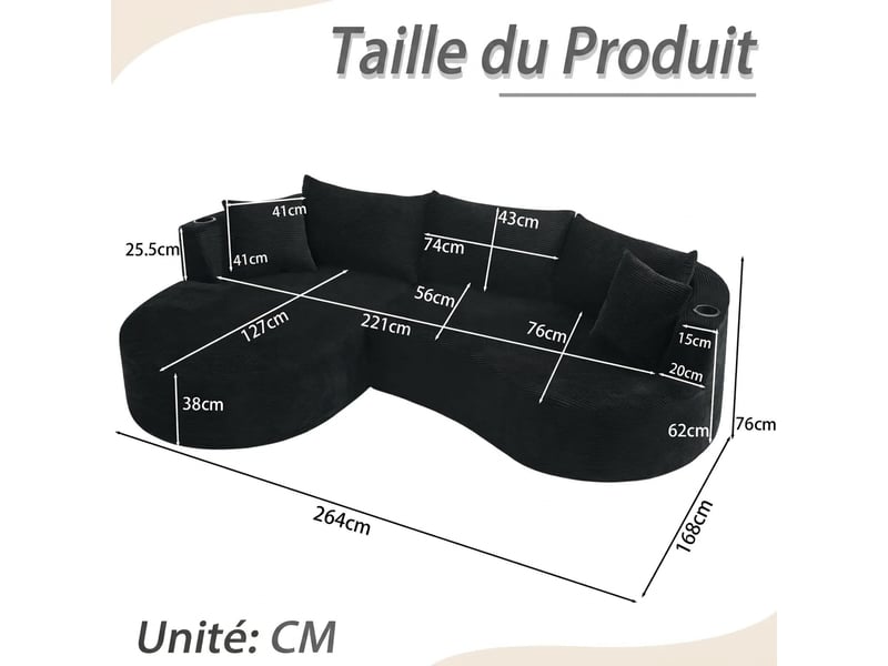 Canapé 3 places avec méridienne gauche design courbé velours côtelé doux porte-gobelets noir - Conforama C