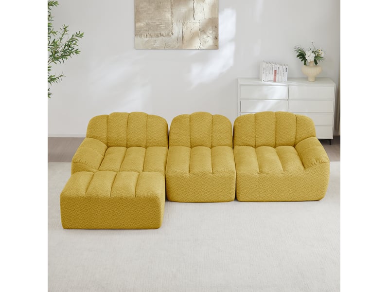 Canapé modulable 3 places en forme l 288x165x79 cm, sans montage, polaire granuleux, mousse 32d, avec pouf, jaune  - Conforama B