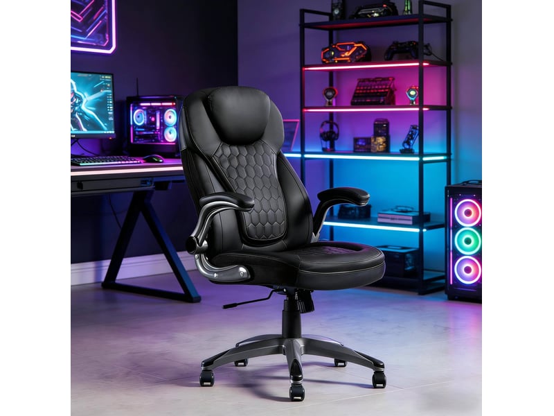  Fauteuil de bureau exécutif noir à dossier haut, basculant et réglable avec accoudoirs rabattables et roulettes  - Conforama E