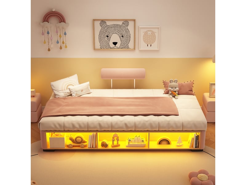 Lit enfant 90x200 cm - avec étagère latérale led, niches de rangement ouvertes et appui-tête modulable sur 3 côtés – velours – rose - Conforama D