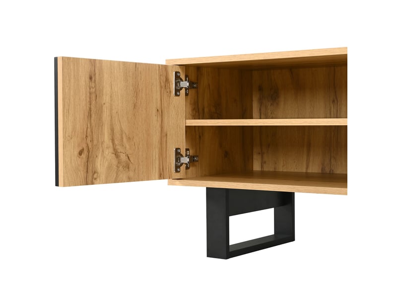  Meuble tv avec rangement, 3 portes et niches ouvertes, buffet bas salon en bois avec pieds métal noir, design industriel moderne  - Conforama E