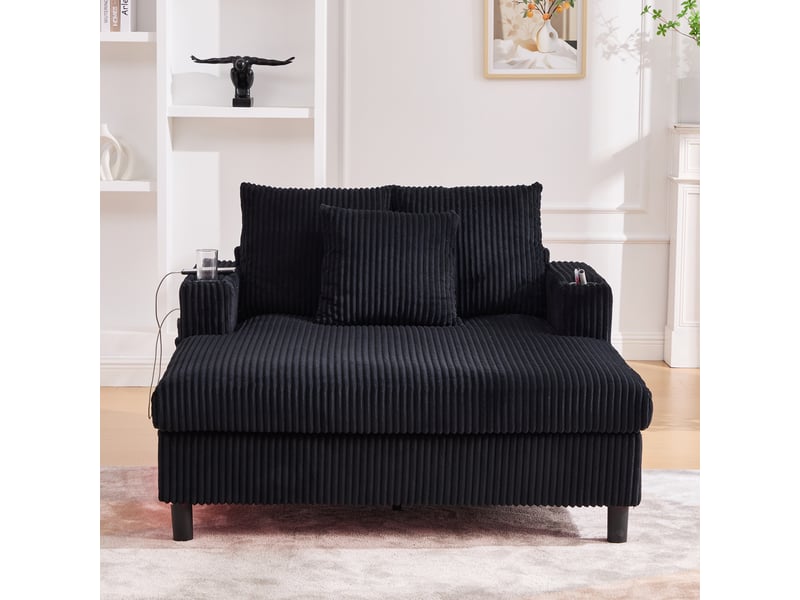  Méridienne avec ports usb, éclairage led et porte-gobelets, design ergonomique en velours côtelé noir  - Conforama C