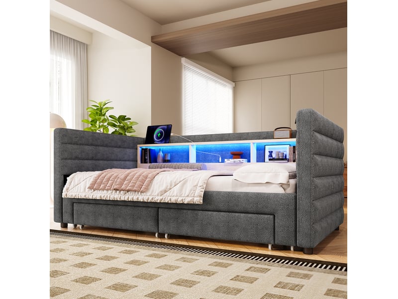 Lit enfant gigogne 90x190 cm avec led, 2 tiroirs, style minimaliste, ports usb type-c velours gris sans matelas - Conforama W