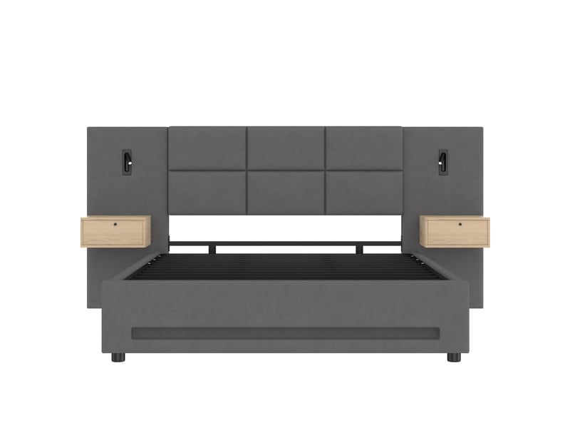  Lit coffre 160 × 200 cm en velours gris foncé avec tiroirs, usb-c et led Fay Lum - Conforama R