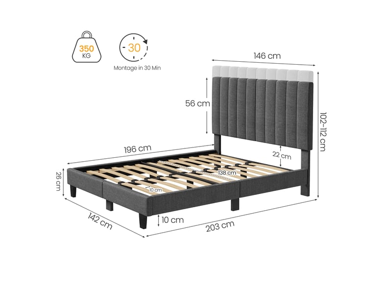 Lit 140x200 havenlyhome – ensemble complet avec tête de lit capitonnée lin et sommier à lattes – literie double design adulte  - Conforama W