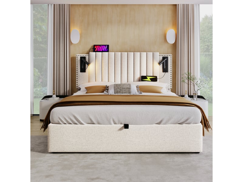  Lit coffre 2 places 160×200 cm avec tête de lit réglable, liseuses, usb et type-c - okmyhome- beige, matelas inclus  - Conforama B