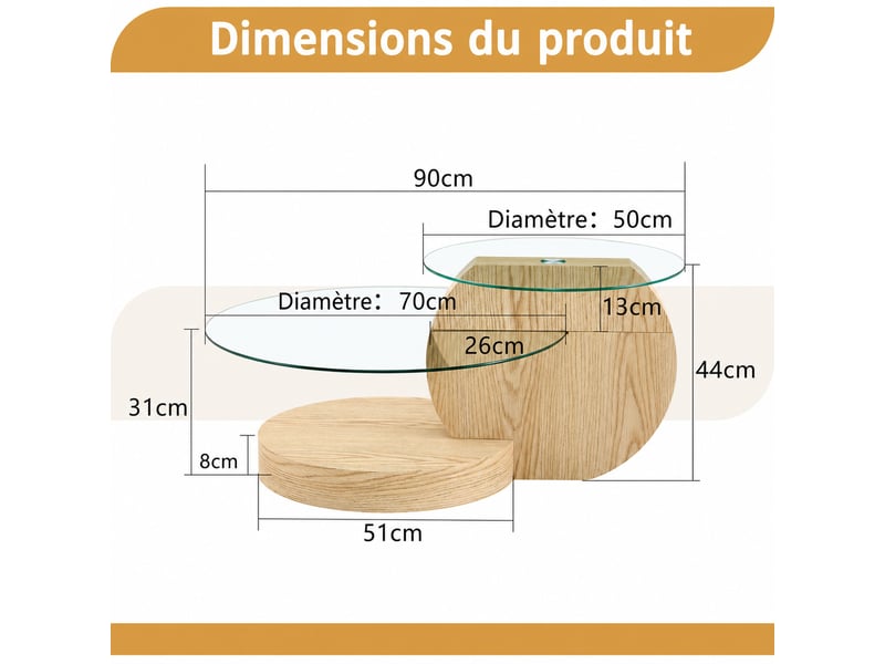  Table basse moderne à 3 niveaux – verre de sécurité et mdf décor bois clair – 90 x 70 x 44 cm  - Conforama D