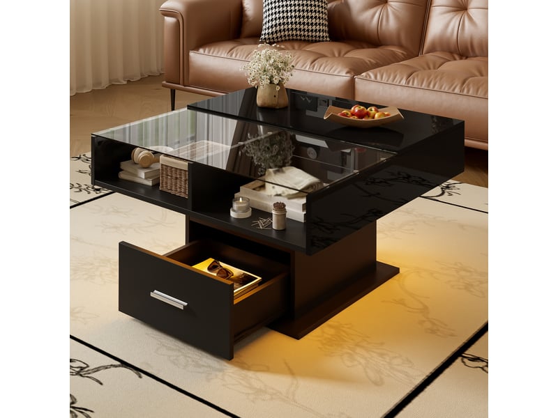 Table basse relevable multifonctionnelle avec led, hauteur réglable, rangement, noir  - Conforama B