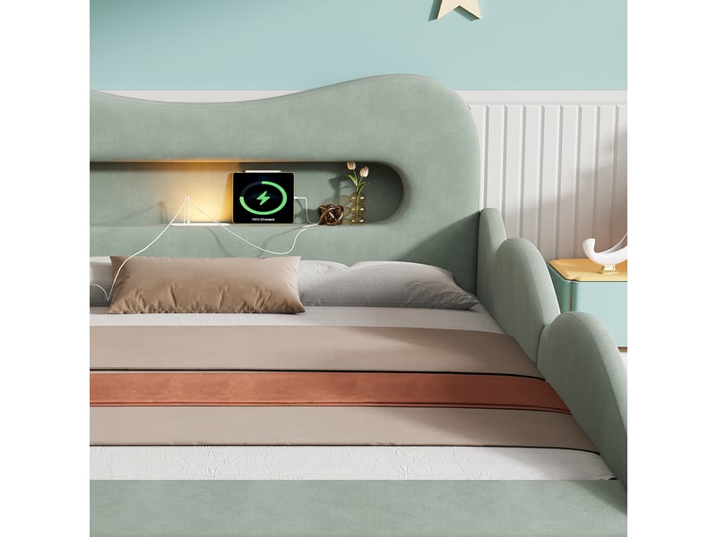  Lit voiture 140 × 200 cm, liseuse, prise de charge et coffre de rangement au pied, revêtement doux en velours, vert  - Conforama E