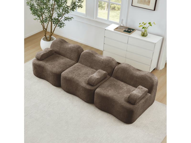  Canapé droit modulaire 3 places en velours marron, forme ondulée et assise profonde pour le salon familial  - Conforama E