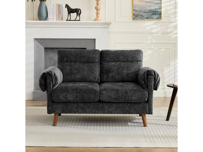  Canapé 2 places en chenille noir, style mid-century, coussins moelleux, petit canapé compact  - Conforama B