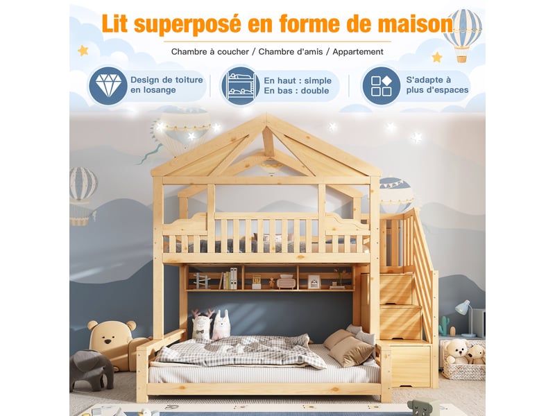 Lit superposé enfant 90×200 + 140×200 cm style maison, lit mezzanine en bois avec escalier de rangement, étagères et sommier - bois naturel - Conforama D