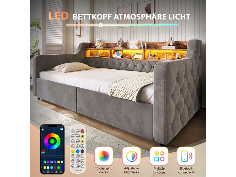  Lit pour jeune, 90x190 cm, doté d’un espace de rangement, led, usb type c, 2 tiroirs pratiques, velours, coloris gris  - Conforama E