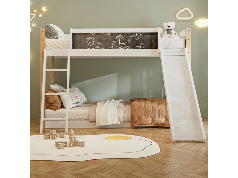 Lit superposé enfant, en velours, escalier, échelle, toboggan, blanc W2845S00155 - Conforama B