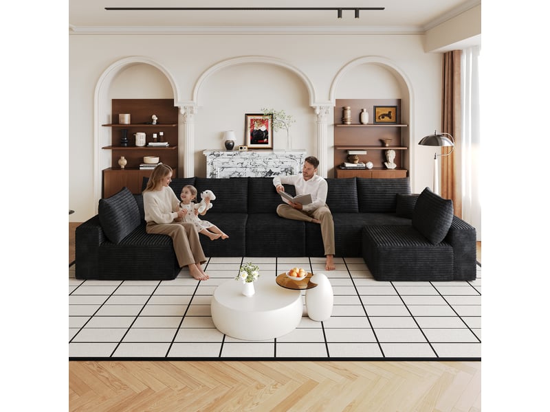  Canapé d'angle noir modulable avec méridienne en tissu côtelé rayé design moderne pour salon  - Conforama E