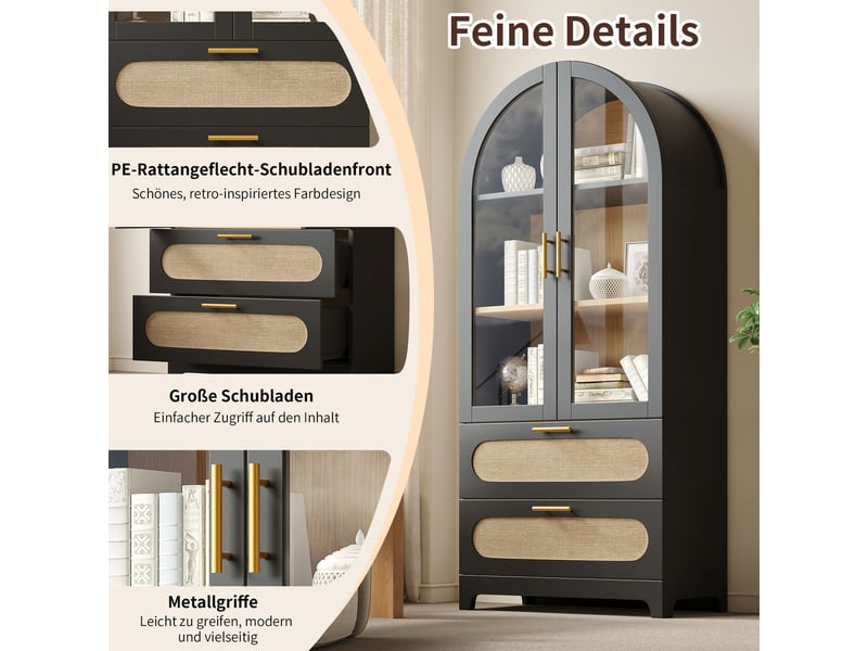  Vitrine 80x40x175 cm - grand rangement - étagères réglables - 2 tiroirs - portes vitrées - mdf - design moderne - pour salon et salle à manger - noir CozyNest - Conforama E