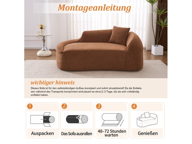  Canapé convertible 2 places en forme de méridienne, assise profonde avec coussin en chenille caramel, 155 × 96 × 65 cm  - Conforama E
