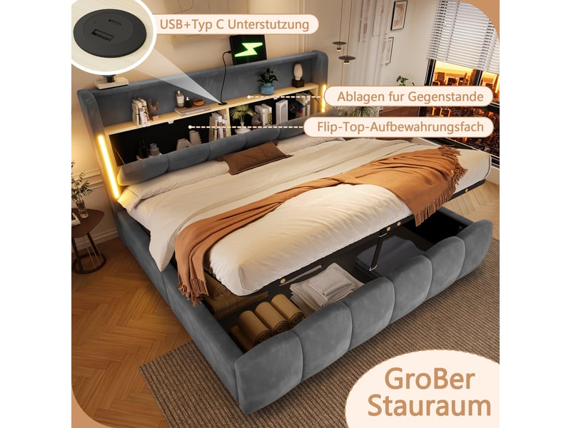  Lit rembourré 180 x 200 cm sans matelas, led, coffre hydraulique, tête avec rangement, usb et type-c, velours gris  - Conforama C