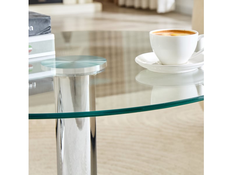  Table basse ronde avec plateau en verre trempé et piètement en métal, style moderne, pour salon, argent, 70 × 45 cm  - Conforama E