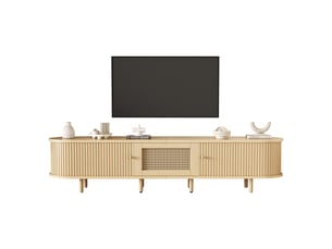 Meuble tv bas 180x40x40 cm en mdf, design arrondi avec porte coulissante rainurée et cannage rotin, tiroir, rangement salon tv 75 pouces - bois naturel