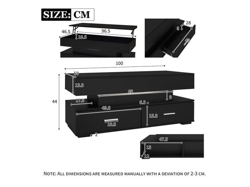  Table basse relevable hydraulique noire avec led, 2 tiroirs et rangement ouvert - 100 x 50 x 44 cm  - Conforama E