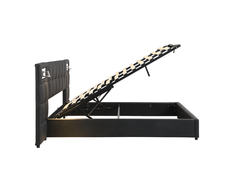  Lit rembourré 180 x 200 cm, lit hydraulique, avec port usb, chargeur sans fil et lampe d'éclairage, avec espace de rangement, pour adultes et adolescents, sommier à lattes en bois, montage facile, pu, noir  - Conforama E