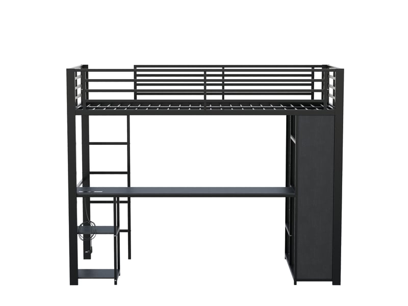  Lit superposé 90x200 cm noir mdf et métal avec bureau rangements étagères armoire ouverte led et prises usb type-c Sol Morn - Conforama A
