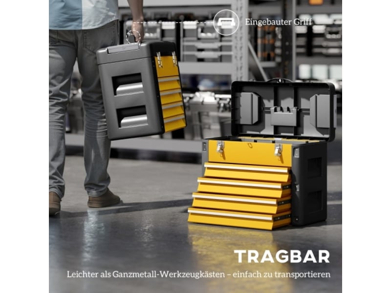  Caisse à outils vide en acier jaune 49,7 × 25,3 × 40,7 cm, 4 tiroirs et mini-boîte de rangement  - Conforama C