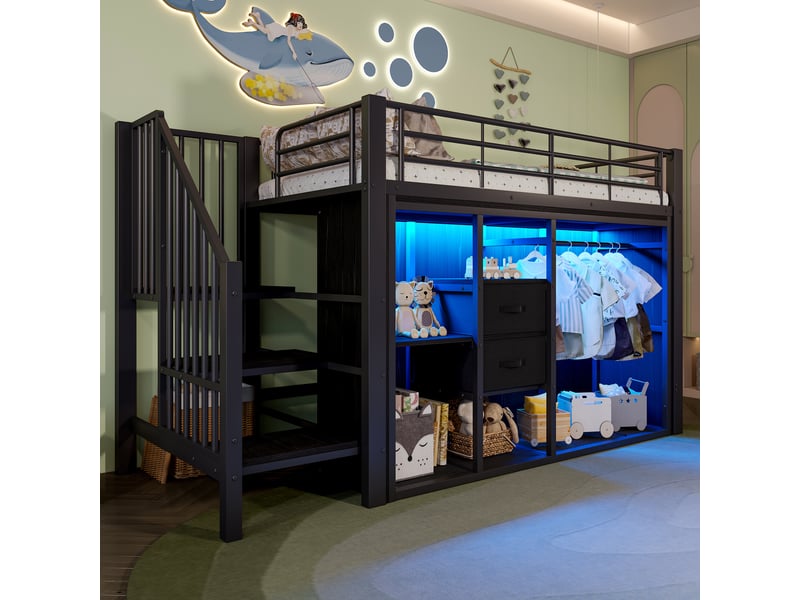  Lit mezzanine 90x200 cm coloris noir led métal lit enfant noir - Conforama D