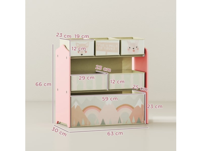  Meuble de rangement enfant 63x30x66 cm rose en bois avec 6 boîtes en tissu, pour jouets et livres  - Conforama C