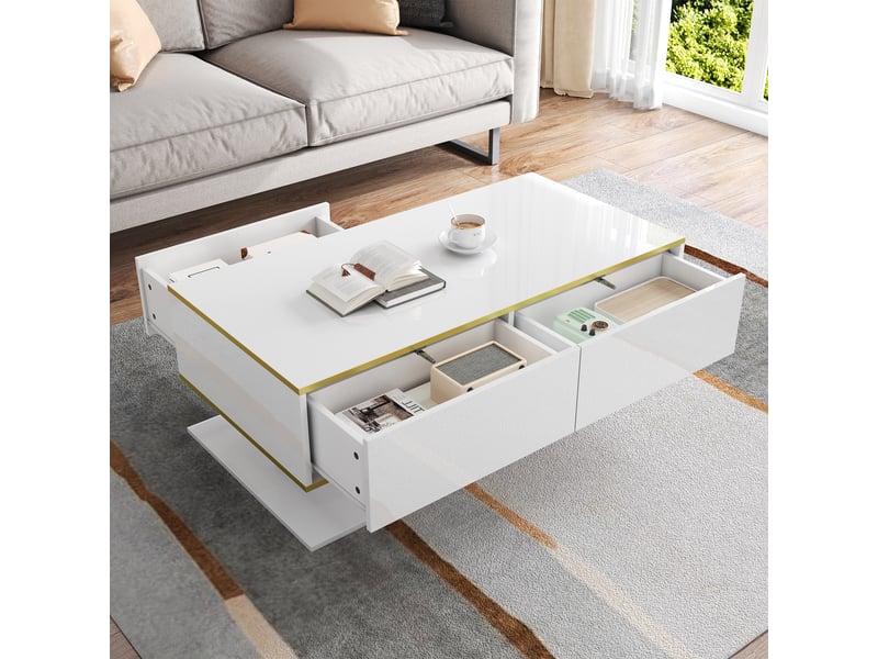  Table basse avec 3 tiroirs, niche ouverte et led pour salon 100×50×40 cm en panneaux de particules blanc et or  - Conforama C
