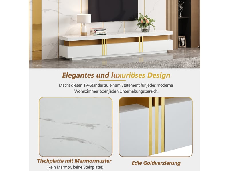  Meuble tv moderne effet marbre 200x40x42 cm avec 3 tiroirs et gestion des câbles pour tv jusqu'à 90 pouces  - Conforama E