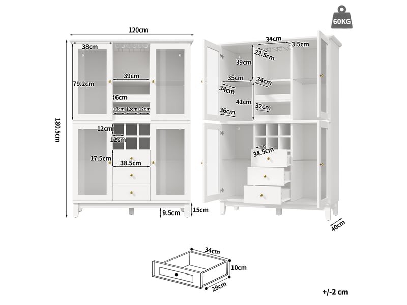  Buffet led connecté 120x40x180,5cm avec 3 tiroirs,porte-verres et casier à bouteilles meuble bar vaisselier avec vitrines,mdf et métal,blanc  - Conforama C