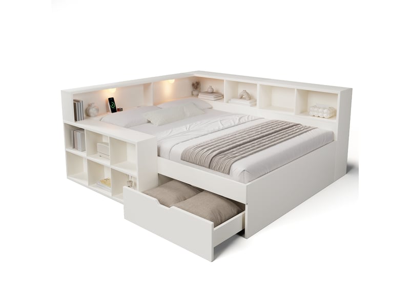  Lit double 140x190 avec rangement en bois blanc, ports usb type-c et liseuse intégrée, étagères et tiroirs  - Conforama A