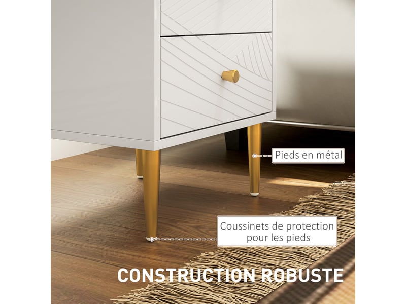  Table de chevet 40 x 35 x 50 cm 2 tiroirs rangement spacieux poignées ton or pieds acier moderne épuré en mdf blanc 21_0001626  - Conforama E