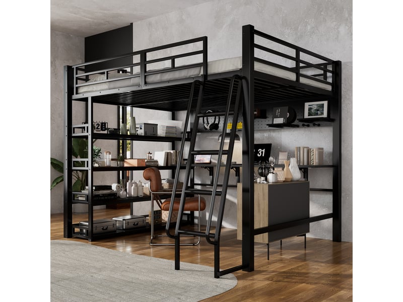  Lit mezzanine 2 places 140 x 200 cm avec étagères, grand rangement, port de charge, échelle inclinée 4 marches, barre de suspension, métal noir  - Conforama C