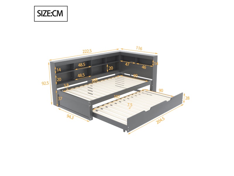  Lit banquette 90x200 cm – gris – lit gigogne avec prise usb et rangements intégrés, sans matelas  - Conforama C