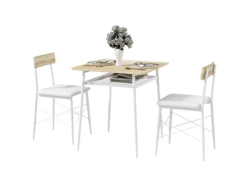  Ensemble table et chaises 3 pièces avec étagère ouverte, structure en acier blanc et chêne  - Conforama B