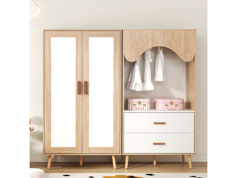  Ensemble armoire enfant 2 portes et ouverte, penderie et tiroirs, blanc et bois naturel  - Conforama B