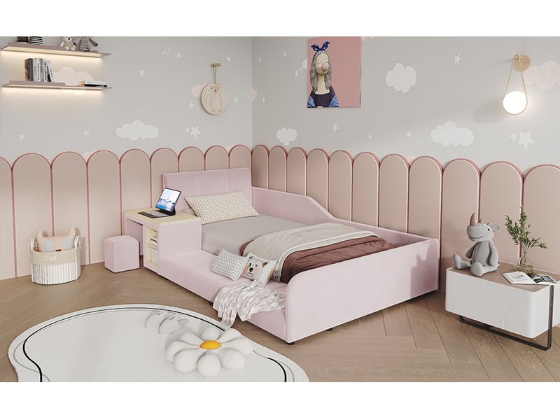  Lit enfant 90 × 200 cm, bureau avec niches et tabouret, tête et côtés rembourrés, sommier à lattes, velours, rose  - Conforama B