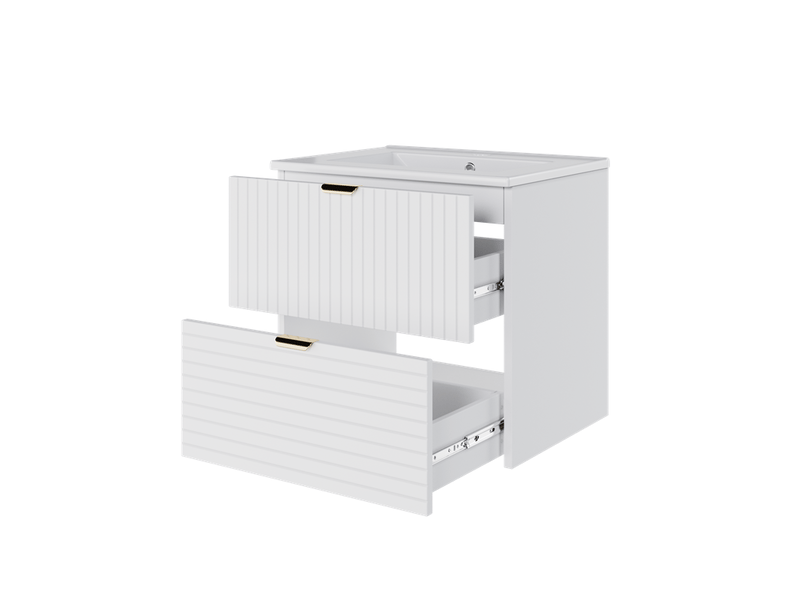  Meuble vasque suspendu 61x46x57 cm, mdf laqué blanc, 2 tiroirs silencieux  - Conforama E