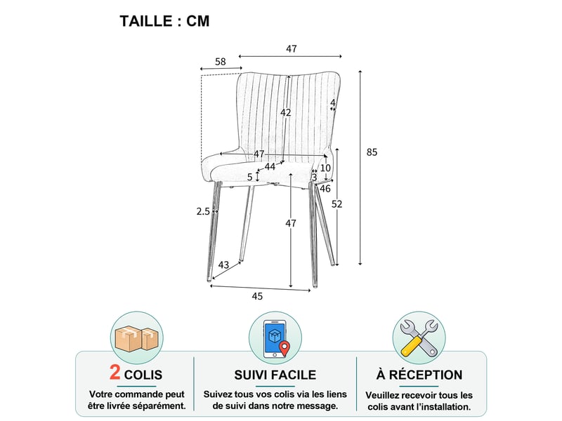  Lot de 4 chaises de salle à manger en velours avec soutien lombaire et pieds métalliques dorés, beige  - Conforama D