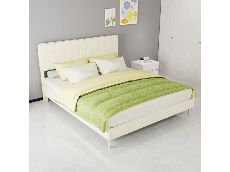  Lit double 200×160 cm en tissu velours beige et métal, sans matelas  - Conforama C